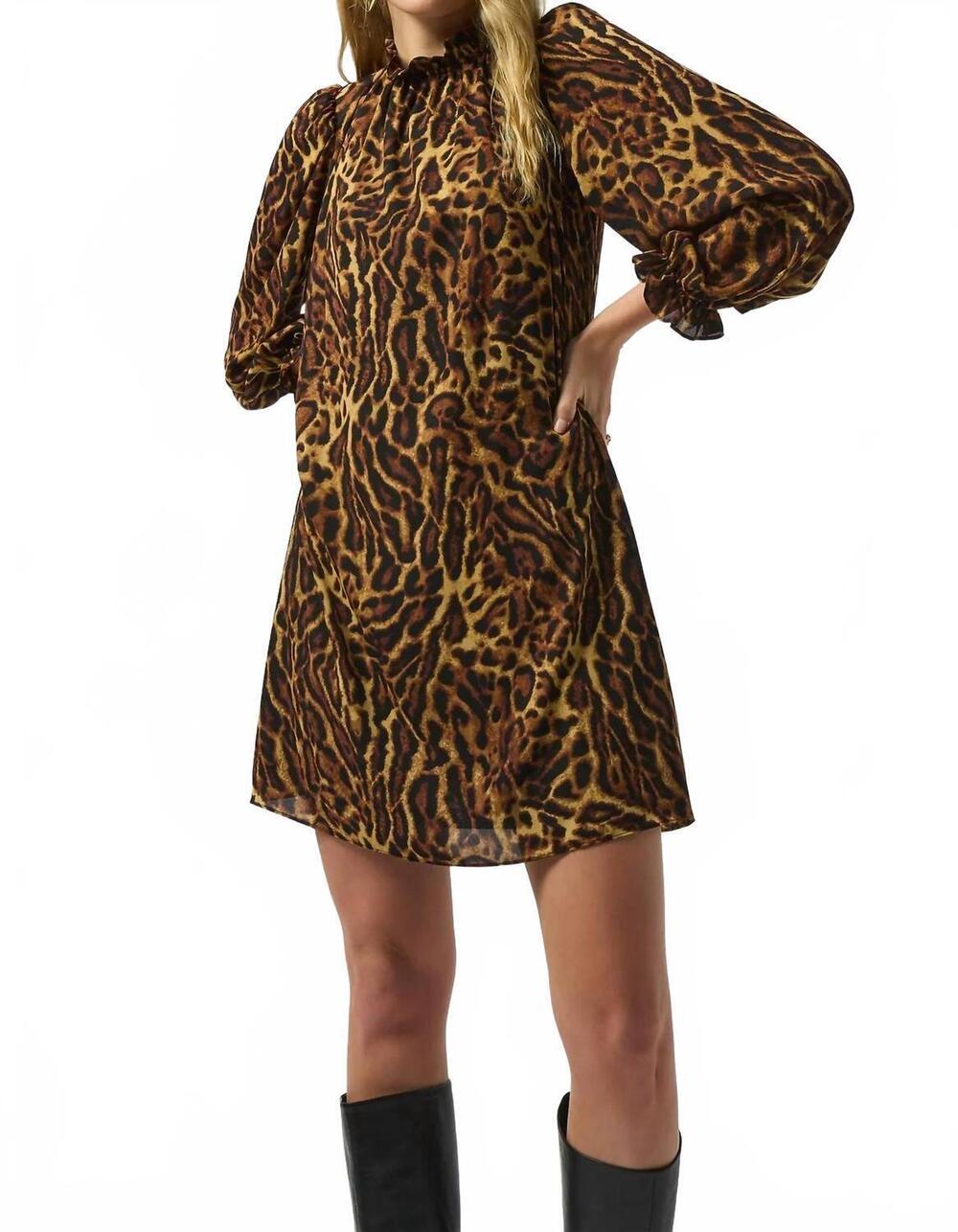 NEW JOSEPH RIBKOFF animal print georgette puff sleeve trapeze dress in black/bro